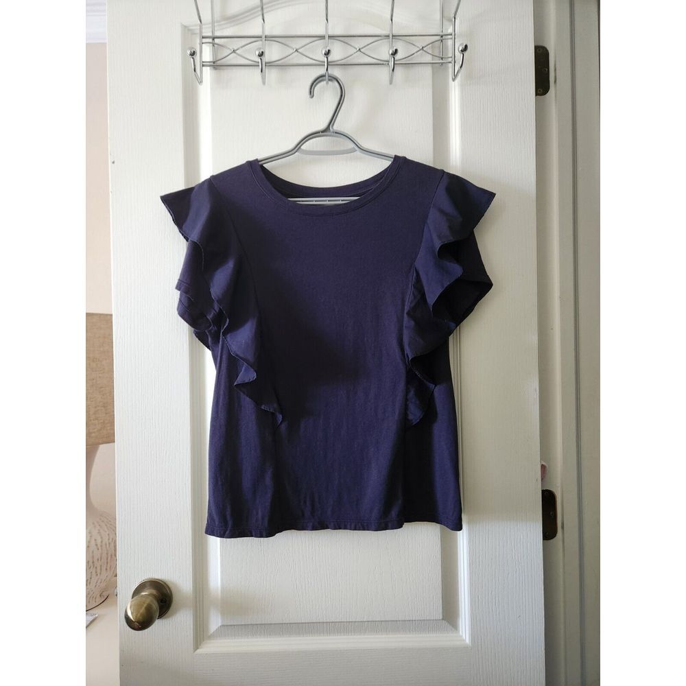 14th & Union Women's Ruffle Top Round Neck Short‎ Sleeve Navy Blue Size M